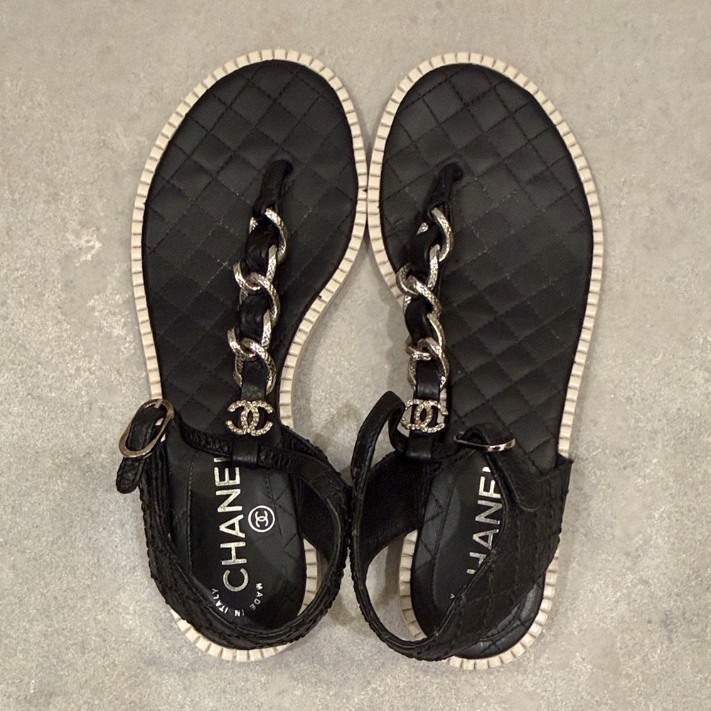 Authentic Chanel Quilted Black leather Sandals with Silver Chain
